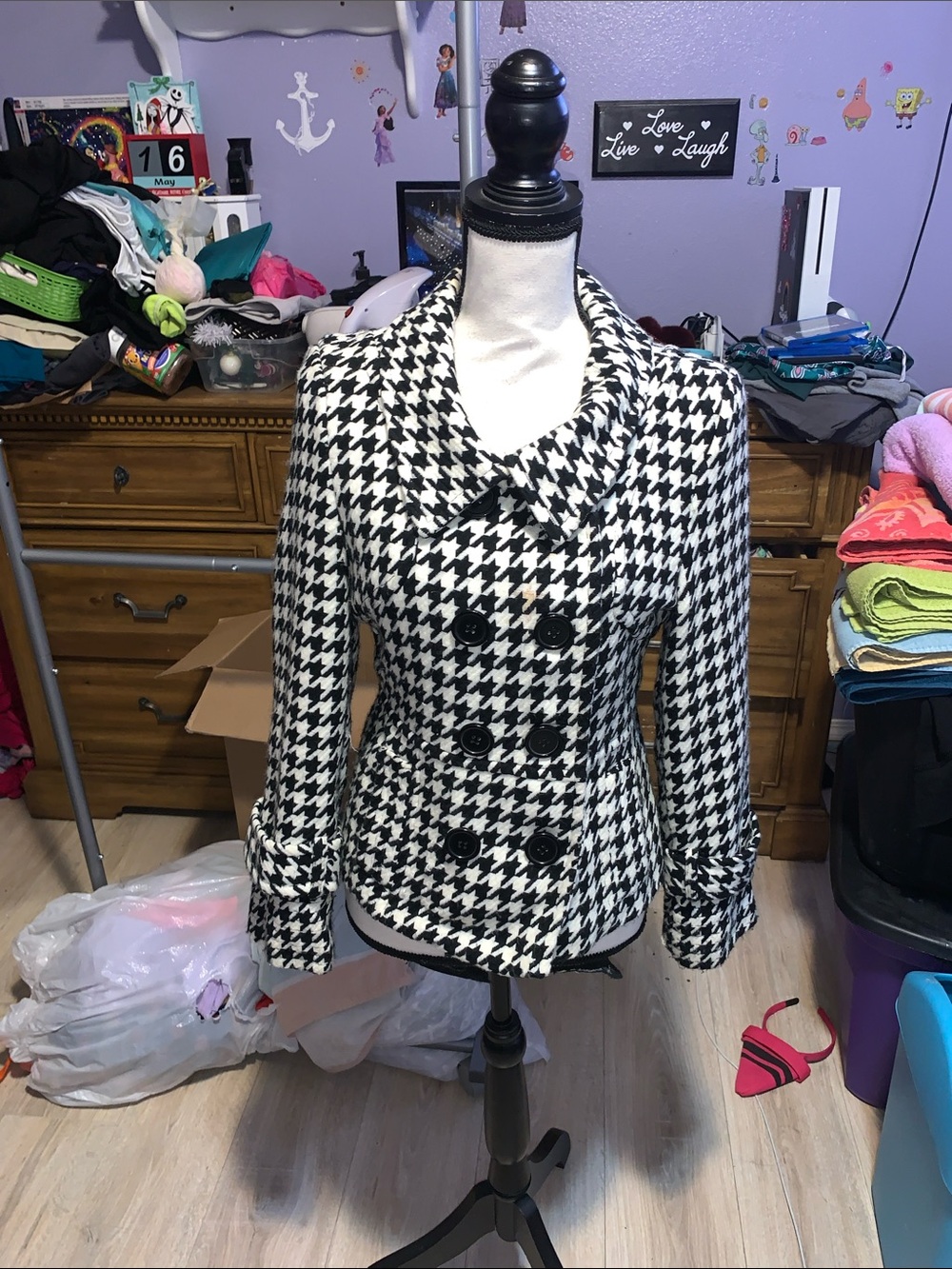 Last Kiss Black & White Houndstooth Double-Breasted Peacoat